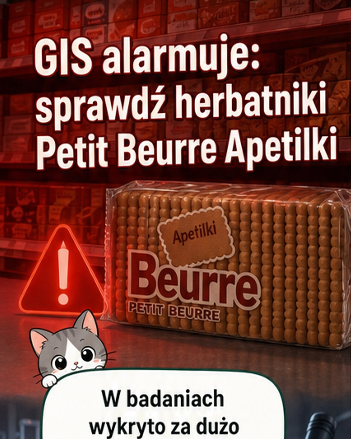 Ilustracja dwóch herbatników Petit Beurre z opakowania marki Apetilki, z czerwoną pieczątką 'WYCOFANE' i ikoną ostrzeżenia nad opakowaniem.