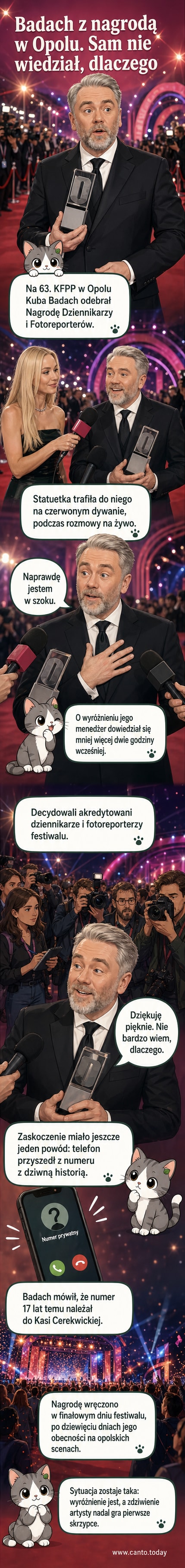 Kuba Badach odbiera statuetkę podczas wydarzenia w Opolu, w tle Agnieszka Woźniak-Starak