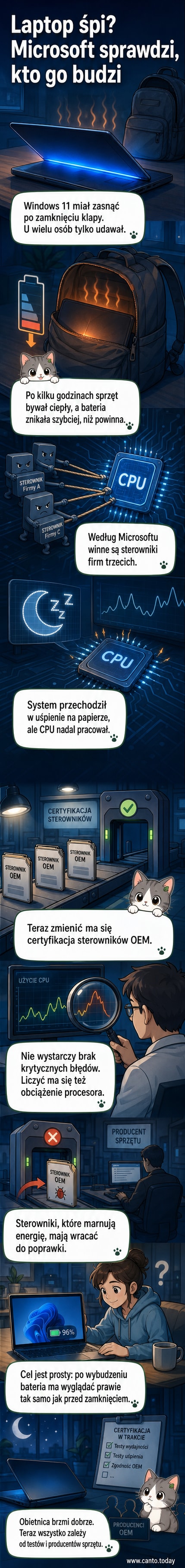 Ilustracja przedstawia laptopa z logo Windows, który wydaje się uśpiony, ale w tle widać świecące procesory i spadający poziom baterii, symbolizujące problem z trybem uśpienia.