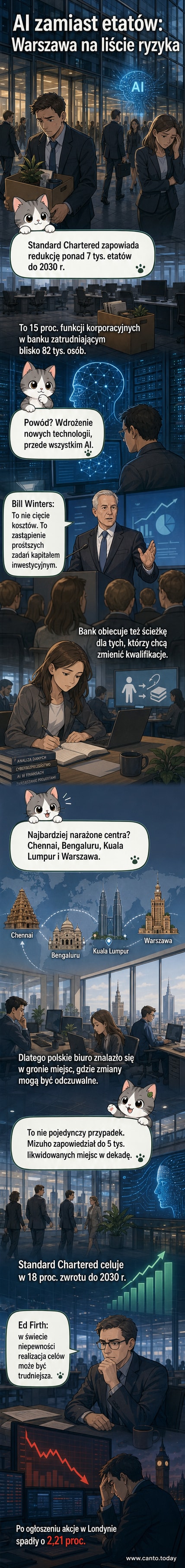 Ilustracja przedstawiająca sztuczną inteligencję zastępującą pracowników w biurze banku, z logotypem Standard Chartered i globem z zaznaczonymi miastami: Warszawa, Chennai, Bengaluru, Kuala Lumpur.