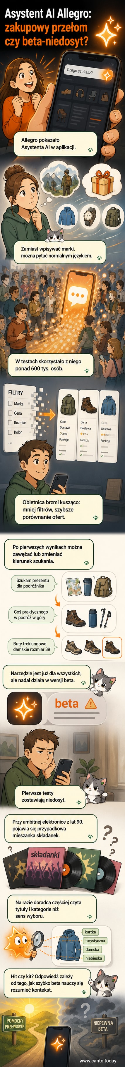 Ilustracja przedstawia aplikację Allegro na telefonie z widocznym asystentem AI w postaci ikony z gwiazdkami i mikrofonem, użytkownik wpisuje pytanie w naturalnym języku.