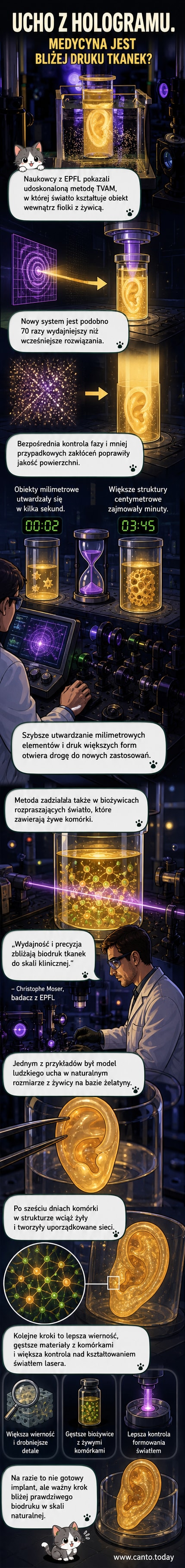 Ilustracja przedstawiająca model ludzkiego ucha wydrukowany w 3D z żelatynowej żywicy, z otaczającym promieniowaniem laserowym i efektem holograficznym w tle.