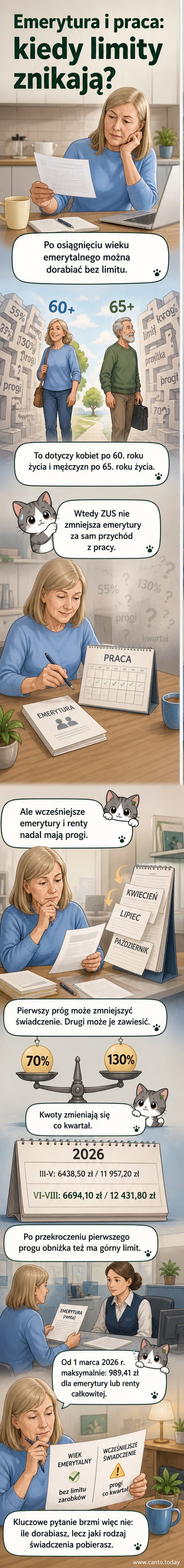 Ilustracja przedstawia osobę w średnim wieku siedzącą przy biurku z laptopem, obok emeryta z laską liczy pieniądze — sygnalizuje temat dorabiania na emeryturze i limity przychodów.
