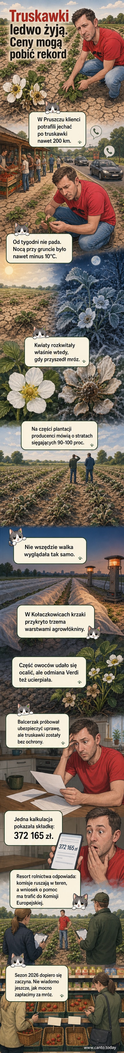 Rolnik stoi na polu z uszkodzonymi krzakami truskawek, na tle suchego gruntu i częściowo przykrytych agrowłókniną roślin.