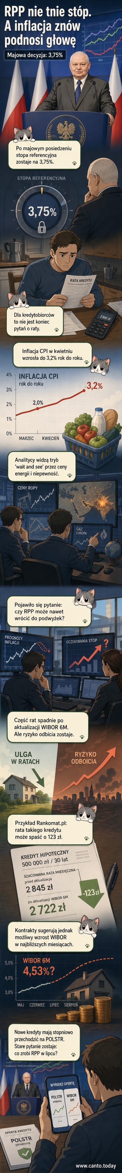 Ilustracja przedstawiająca RPP w kontekście wykresu stóp procentowych i rosnącej inflacji, z symbolem złotówki i globem geopolitycznym w tle.