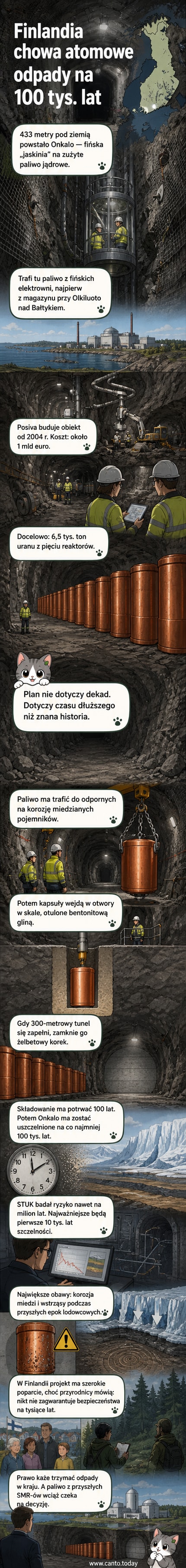 Ilustracja podziemnego składowiska Onkalo w Finlandii – tunel wydrążony w głębokiej skale, z miedzianymi pojemnikami i warstwą bentonitu, 433 metry pod ziemią.