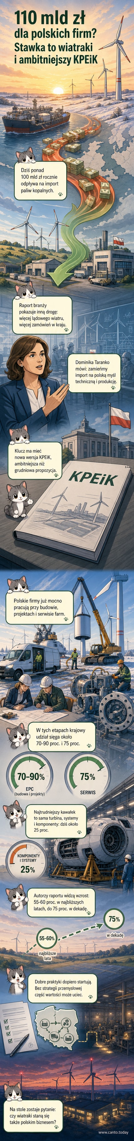 Ilustracja przedstawiająca polską farmę wiatrową z budynkami przemysłowymi w tle, symbolizującą lokalny rozwój i inwestycje w technologię wiatrową.