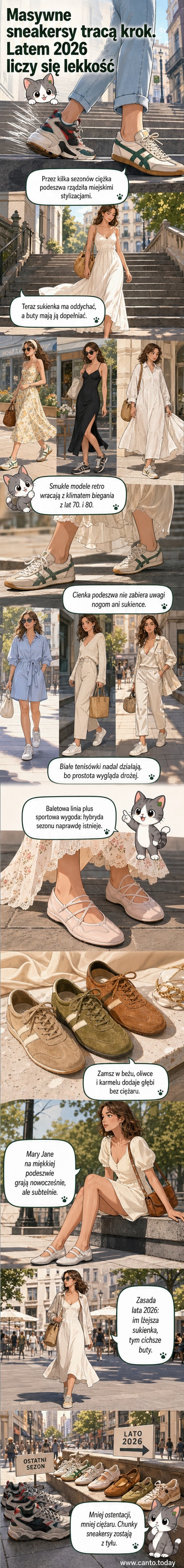 Kolekcja letnich butów 2026: cienkie sneakersy, zamszowe modele i hybrydy baletków z obuwiem sportowym, ułożone na jasnym tle