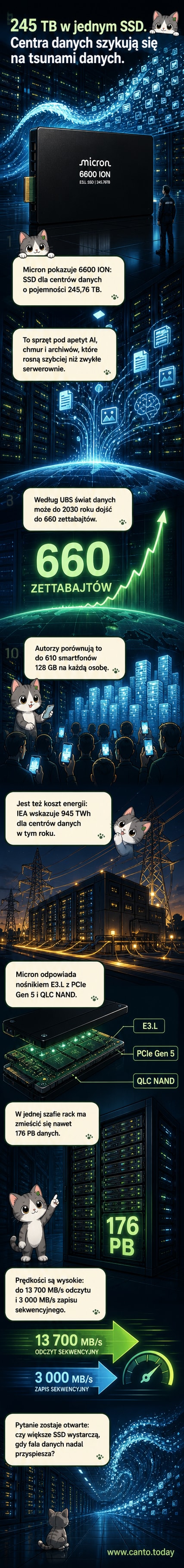 Ilustracja dużego dysku SSD Micron 6600 ION w formacie E3.L, otoczonego ikonami danych i centrum przetwarzania informacji.