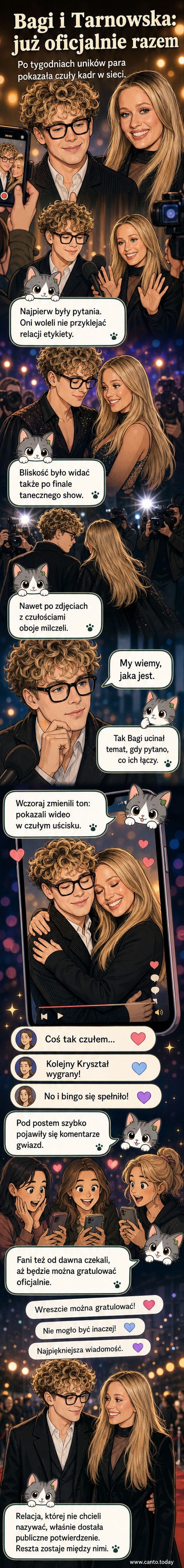 Ilustracja przedstawia Mikołaja Bagińskiego i Magdalenę Tarnowską w czułym uścisku, w tle loga programu "Taniec z gwiazdami" i serca od fanów.