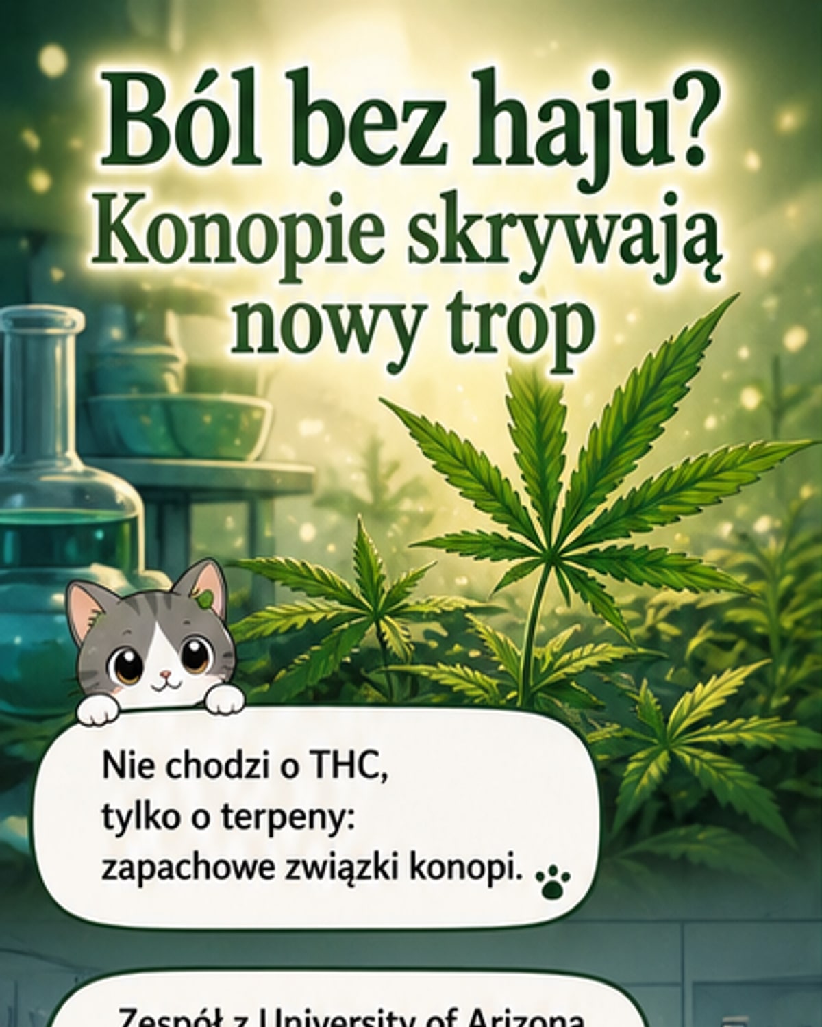 Ilustracja przedstawiająca mikroskopijny widok cząsteczek terpenów z konopi, które łagodzą ból bez odmiany świadomości.