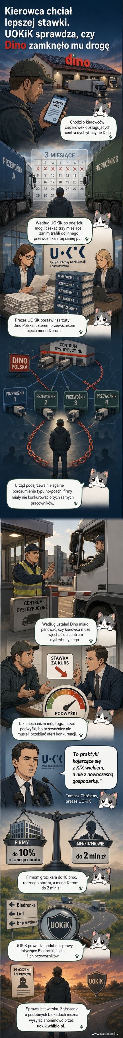 Ilustracja przedstawiającego kierowcę ciężarówki blokowanego przez barierę z logo Dino i napisem 'Zakaz wejścia przez 3 miesiące'. W tle biurokratyczne dokumenty i znak zakazu.