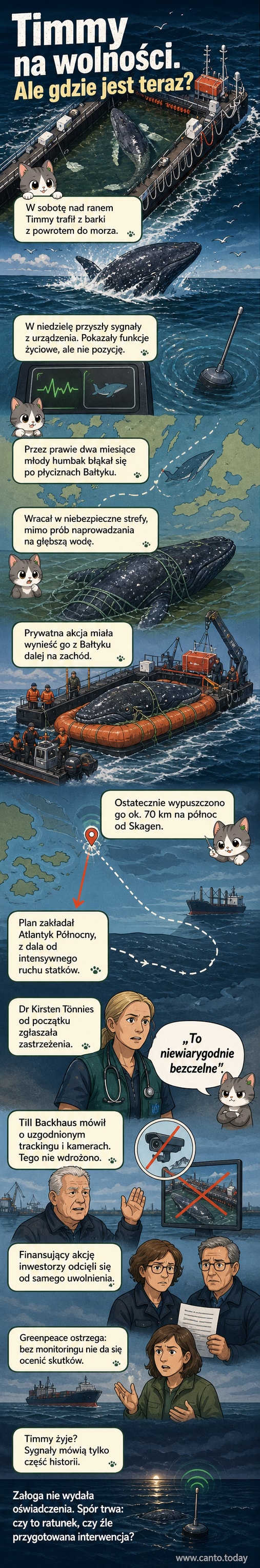 Ilustracja młodego humbaka pływającego w morzu, z widocznym statkiem w tle i rozmytą mapą Bałtyku w tle, symbolizująca niepewność jego dalszej drogi.