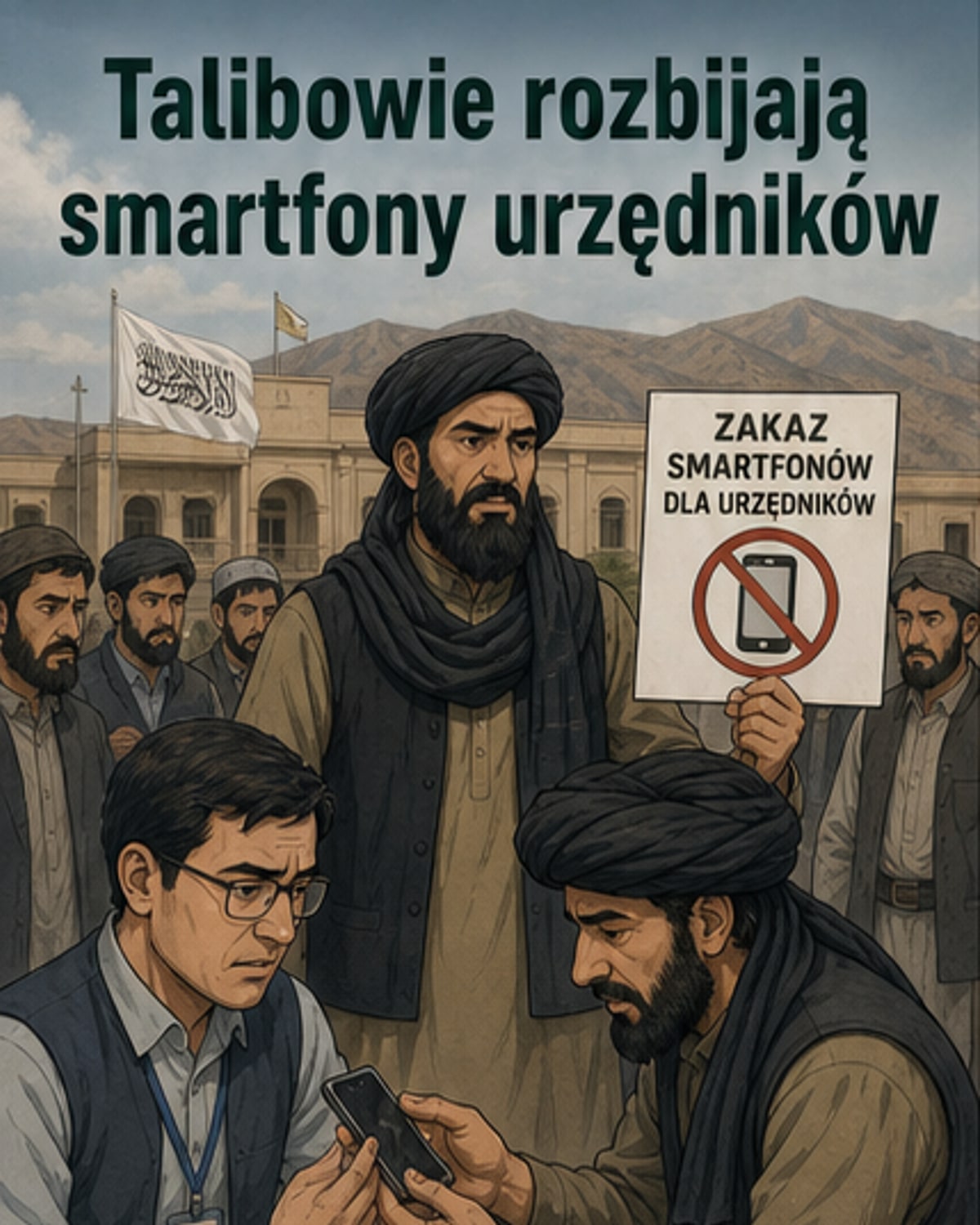 Ilustracja przedstawia afgańskiego urzędnika, któremu talibscy strażnicy zabierają smartfona, podczas gdy drugi niszczy telefon młotem na oczach publiczności.