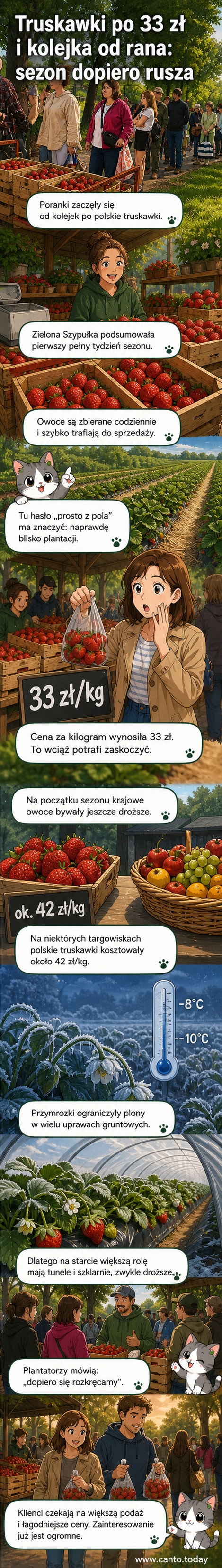 Kobieta w rękawiczkach zbiera truskawki na polu, w tle kolejka klientów przy małym sklepie z owocami.
