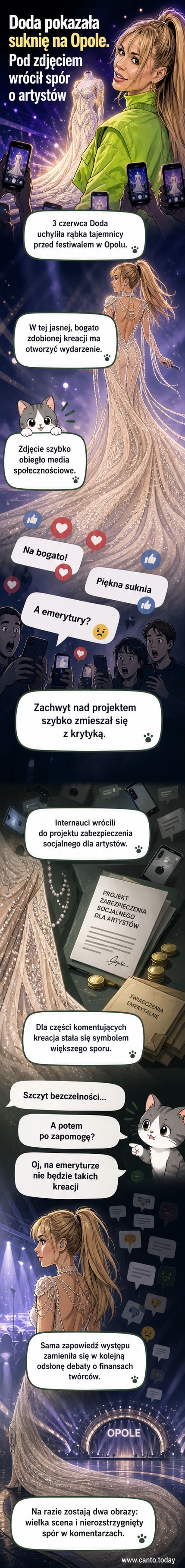 Doda w jasnej, efektownej sukni z długim trenem, stojąca przed tłem zapowiadającym występ na Festiwalu w Opolu.