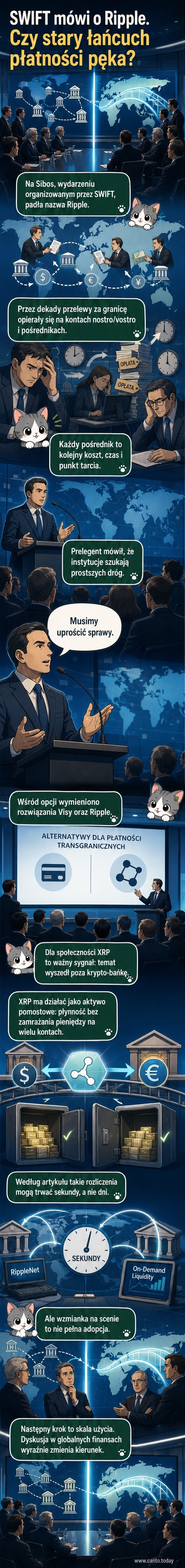 Ilustracja przedstawiająca kontrast między starym systemem banków a nowoczesnym, szybkim przepływem pieniędzy dzięki technologii Ripple i XRP.