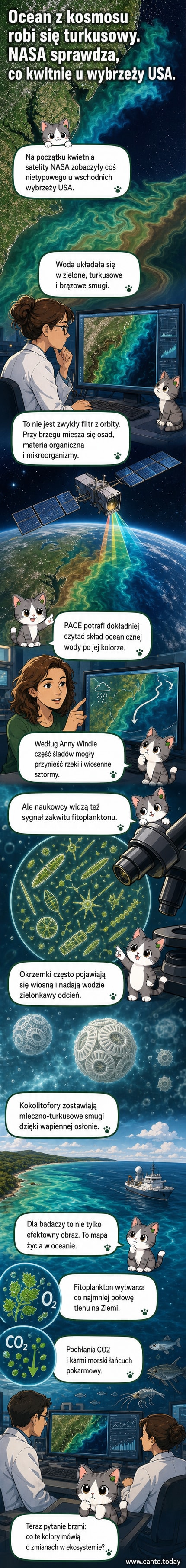 Satelitarne zdjęcie pokazujące wirujące turkusowe i zielone smugi w wodach Atlantyku u wybrzeży wschodnich USA, wykonane przez satelitę NASA PACE.