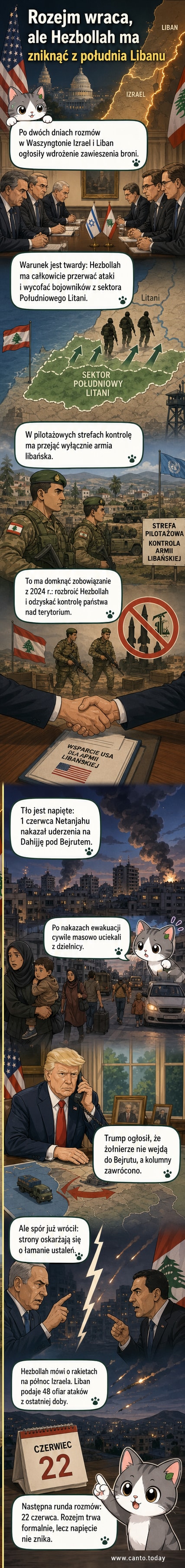Mapa Bliskiego Wschodu z zaznaczonymi granicami Izraela i Libanu, strzałkami oznaczającymi kierunki ataków i strefę Południowego Litani jako ośrodek napięć.