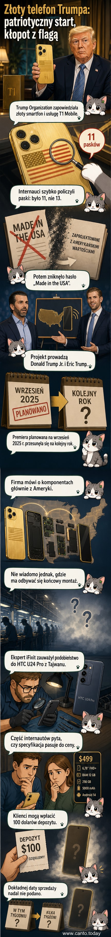 Złoty smartfon z logo Trumpa i błędnie narysowaną flagą USA z 11 pasami zamiast 13