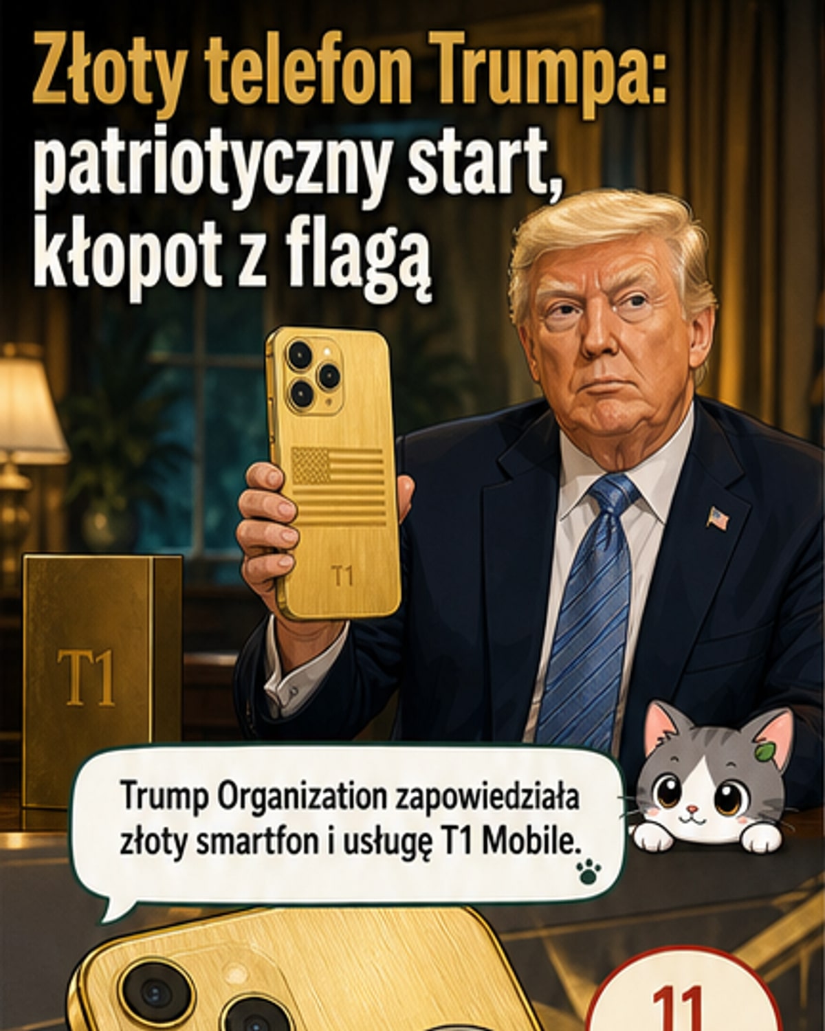 Złoty telefon Trumpa z błędem na fladze