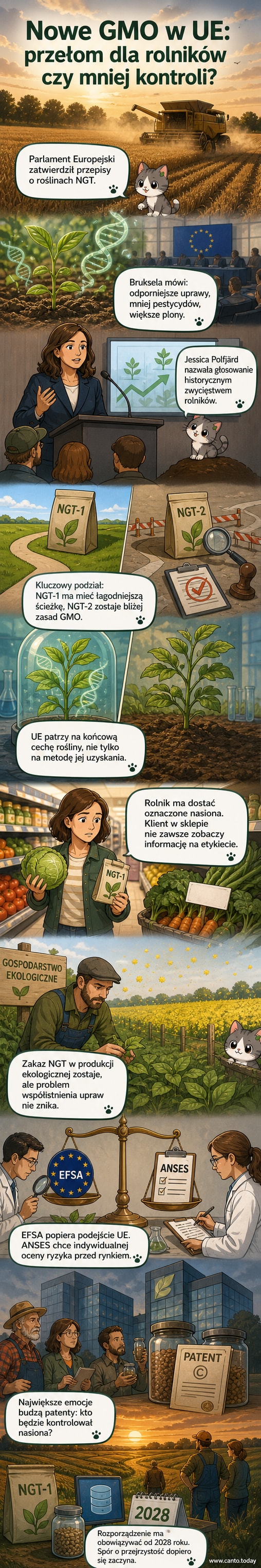 Ilustracja przedstawia pola uprawne z podziałem na tradycyjne i nowoczesne rośliny modyfikowane genomowo, z etykietą 'NGT-1' i znakiem zapytania nad głową konsumenta w sklepie.