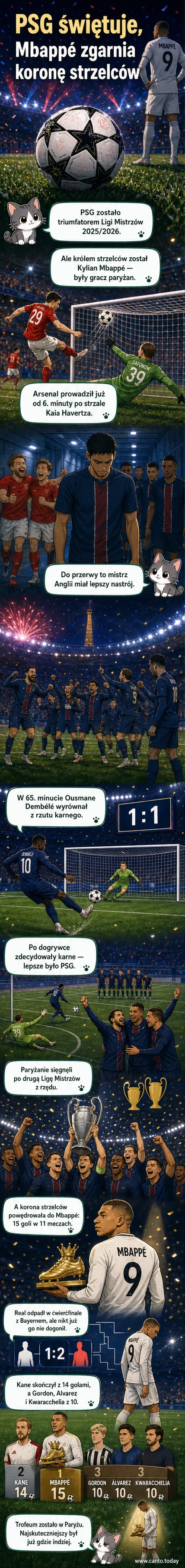 Kylian Mbappé w stroju Realu Madryt podczas strzelania gola, z napisem 'Najlepszy strzelec Ligi Mistrzów 2025/26'