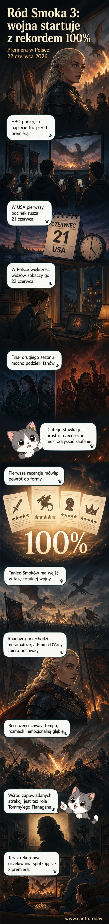Oficjalny plakat trzeciego sezonu serialu „Rod Smoka” z Rhaenyry Targaryen w koronie, tłem płonącego miasta i smokami na horyzoncie.
