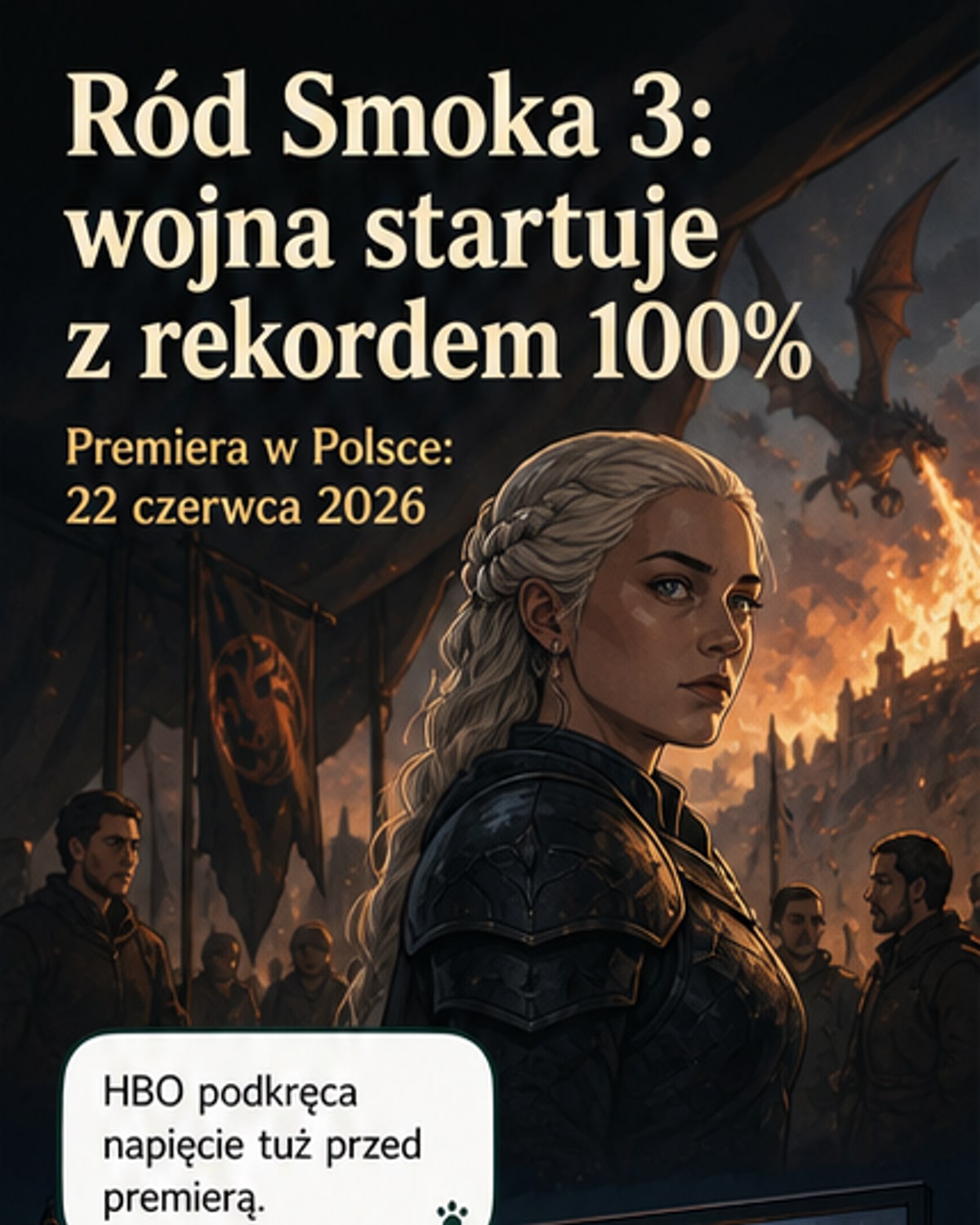 Oficjalny plakat trzeciego sezonu serialu „Rod Smoka” z Rhaenyry Targaryen w koronie, tłem płonącego miasta i smokami na horyzoncie.