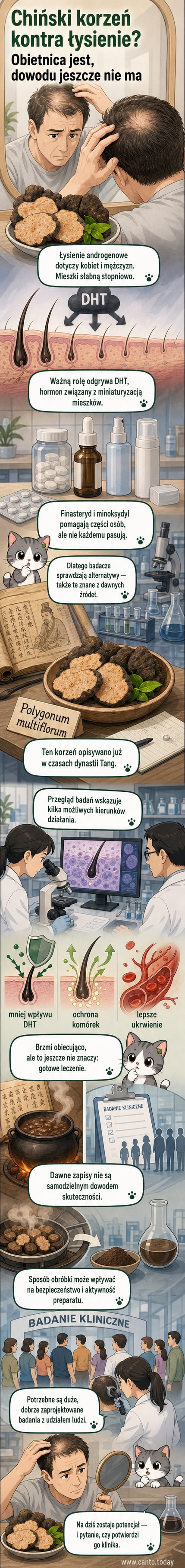Ilustracja przedstawiająca korzeń Polygonum multiflorum obok włosów odzyskujących gęstość, z tłem nawiązującym do chińskiej tradycji medycznej.