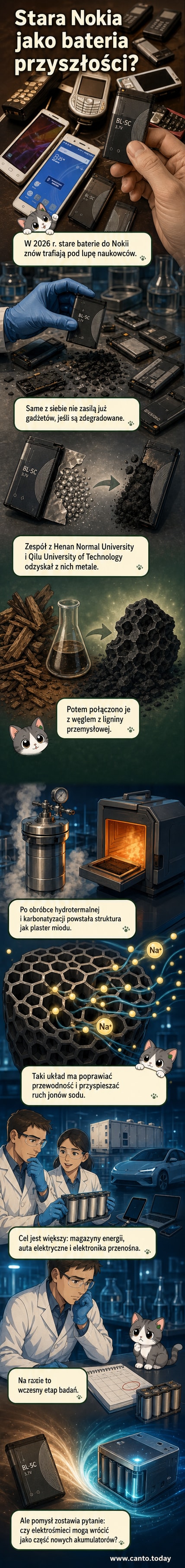 Ilustracja przedstawia zużytą baterię Nokia BL-5C przekształcaną w strukturę przypominającą plaster miodu, która staje się podstawą nowoczesnego akumulatora sodowego.