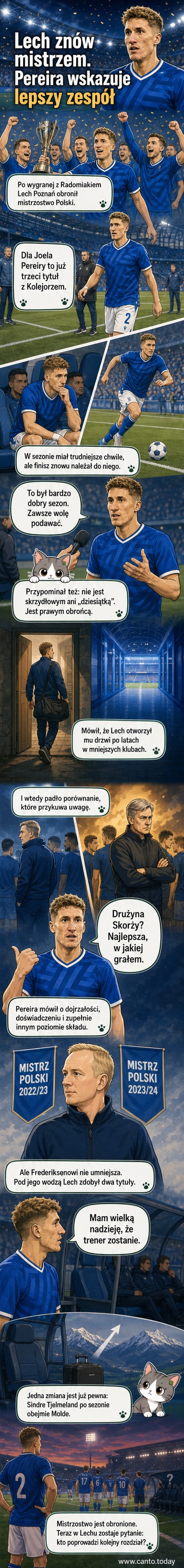 Portugalski piłkarz Joel Pereira w stroju Lecha Poznań, trzyma rękę na sercu po meczu, tło: stadion pełen kibiców.