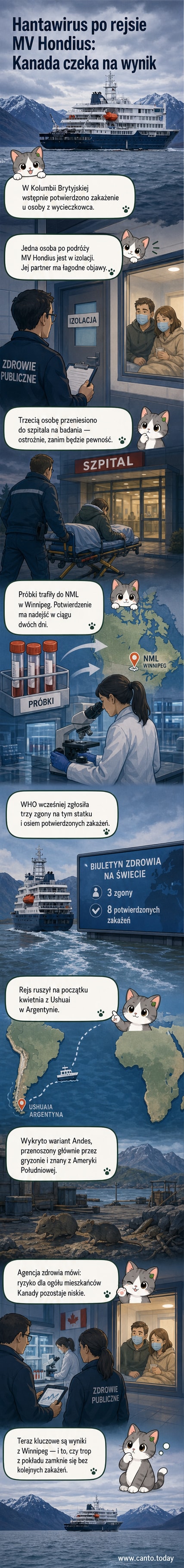 Ilustracja statku wycieczkowego na tle lodowców, z czerwoną ikoną wirusa w rogu, symbolizująca ognisko hantawirusa wśród pasażerów.