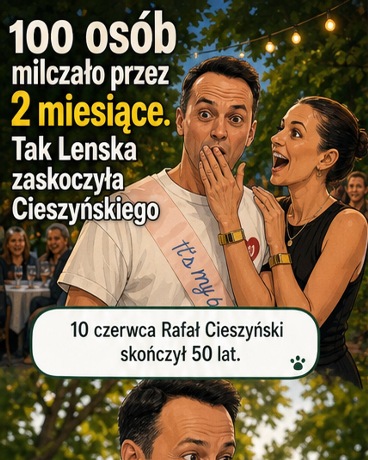 Rafał Cieszyński i Alżbeta Lenska uśmiechają się podczas urodzinowej imprezy na zewnątrz, otoczeni gośćmi i dekoracjami.
