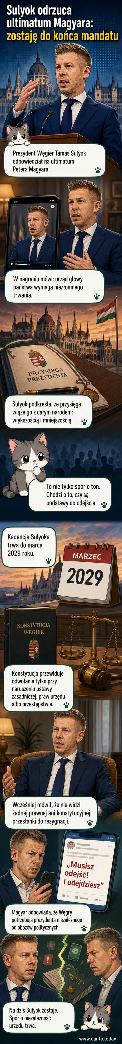 Ilustracja prezydent Katalin Novák stojącej przed budynkiem prezydencji na tle węgierskiej flagi, z wyrazem determinacji na twarzy.