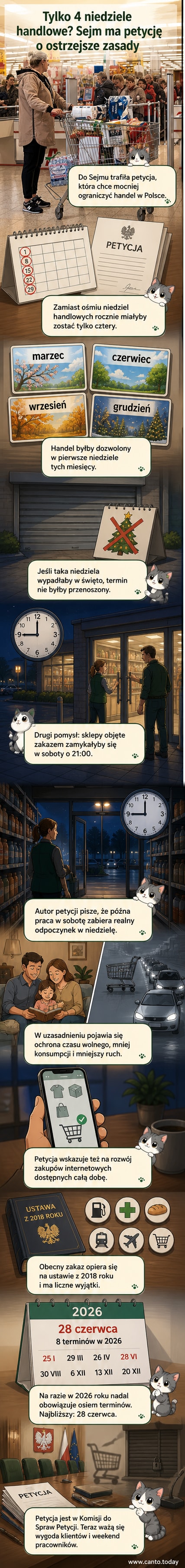 Ilustracja przedstawia sklep z zaciągniętymi roletami w niedzielę, z kartką 'Zamknięte' na drzwiach i kalendarzem z zaznaczonymi czterema dniami handlu.