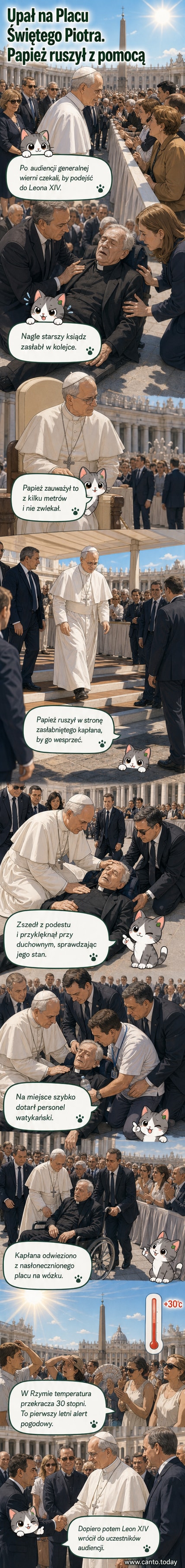 Papież Leon XIV przyklęka przy zasłabłym księdzu na Placu Świętego Piotra podczas audiencji, otoczony przez zatroskanych uczestników.