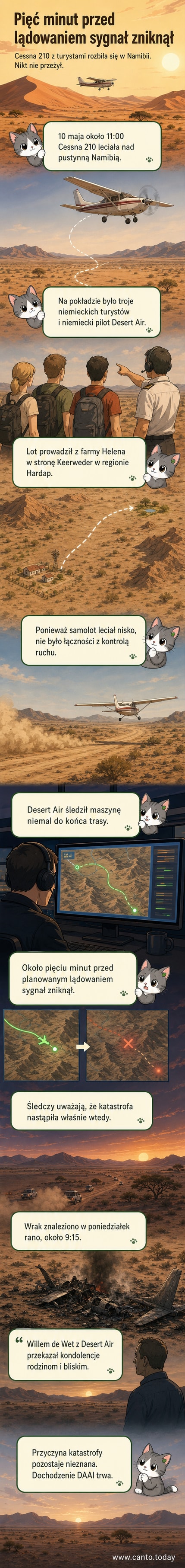 Ilustracja przedstawiająca rozbity samolot Cessna 210 na tle pustyni w Namibii, z dymem unoszącym się w powietrzu i otoczony przez pustynny krajobraz.