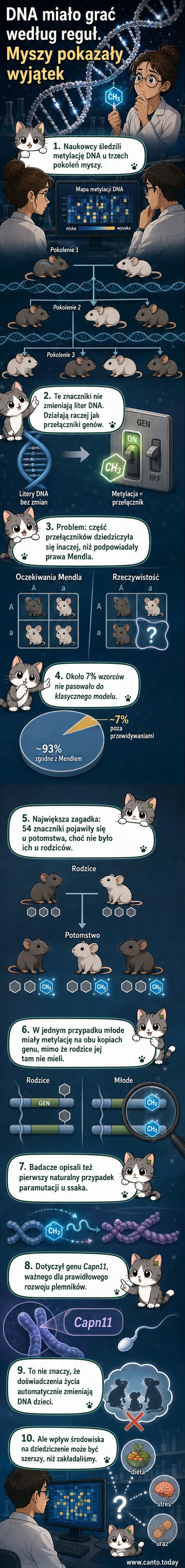Ilustracja przedstawiająca myszy laboratoryjne z oznaczeniami DNA, gdzie strzałki pokazują niespodziewane dziedziczenie epigenetyczne niezgodne z prawami Mendla.