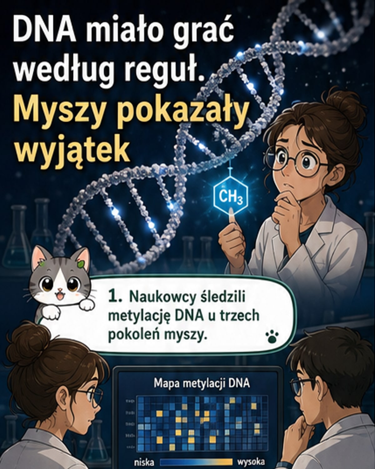Ilustracja przedstawiająca myszy laboratoryjne z oznaczeniami DNA, gdzie strzałki pokazują niespodziewane dziedziczenie epigenetyczne niezgodne z prawami Mendla.
