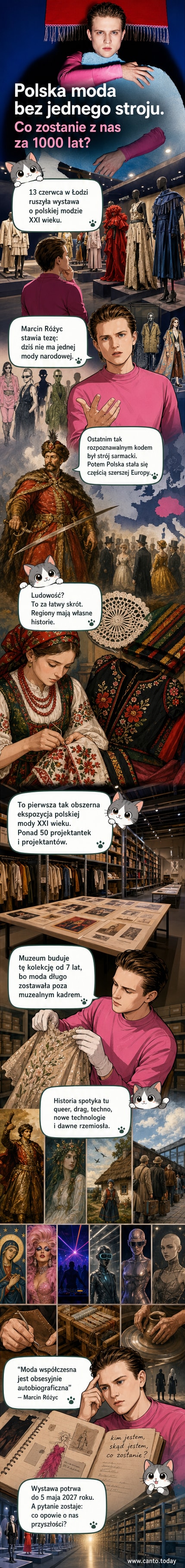 Zdjęcie wystawy mody w muzeum – eksponaty w szklanych witrynach, kolorytko od tradycyjnych haftów po nowoczesne, eksperymentalne fasony.