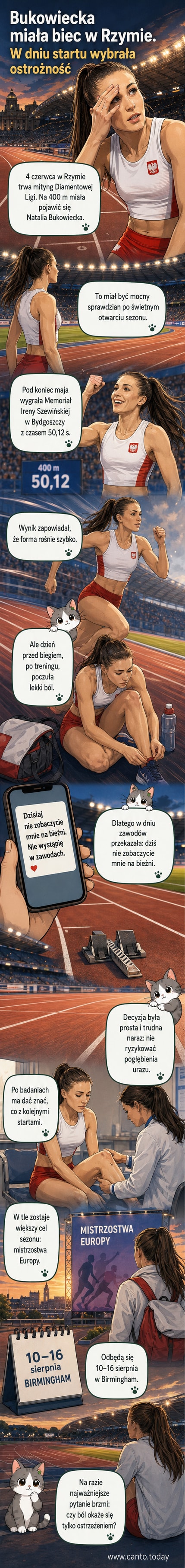 Lekkoatletka Natalia Bukowiecka podczas biegu na 400 metrów, w tle trybuny stadionu, z tekstem: 'Wycofała się dzień przed startem w Rzymie'.