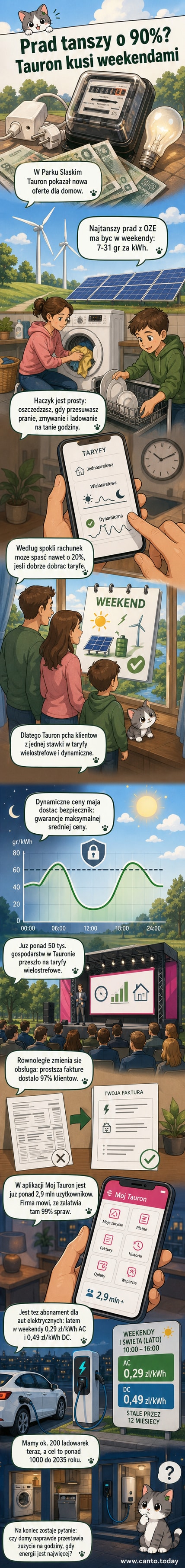 Ilustracja przedstawiająca dom z żarówką i ikoną OZE, z napisem 'Tanie weekendy' i cenami 7-31 gr/kWh