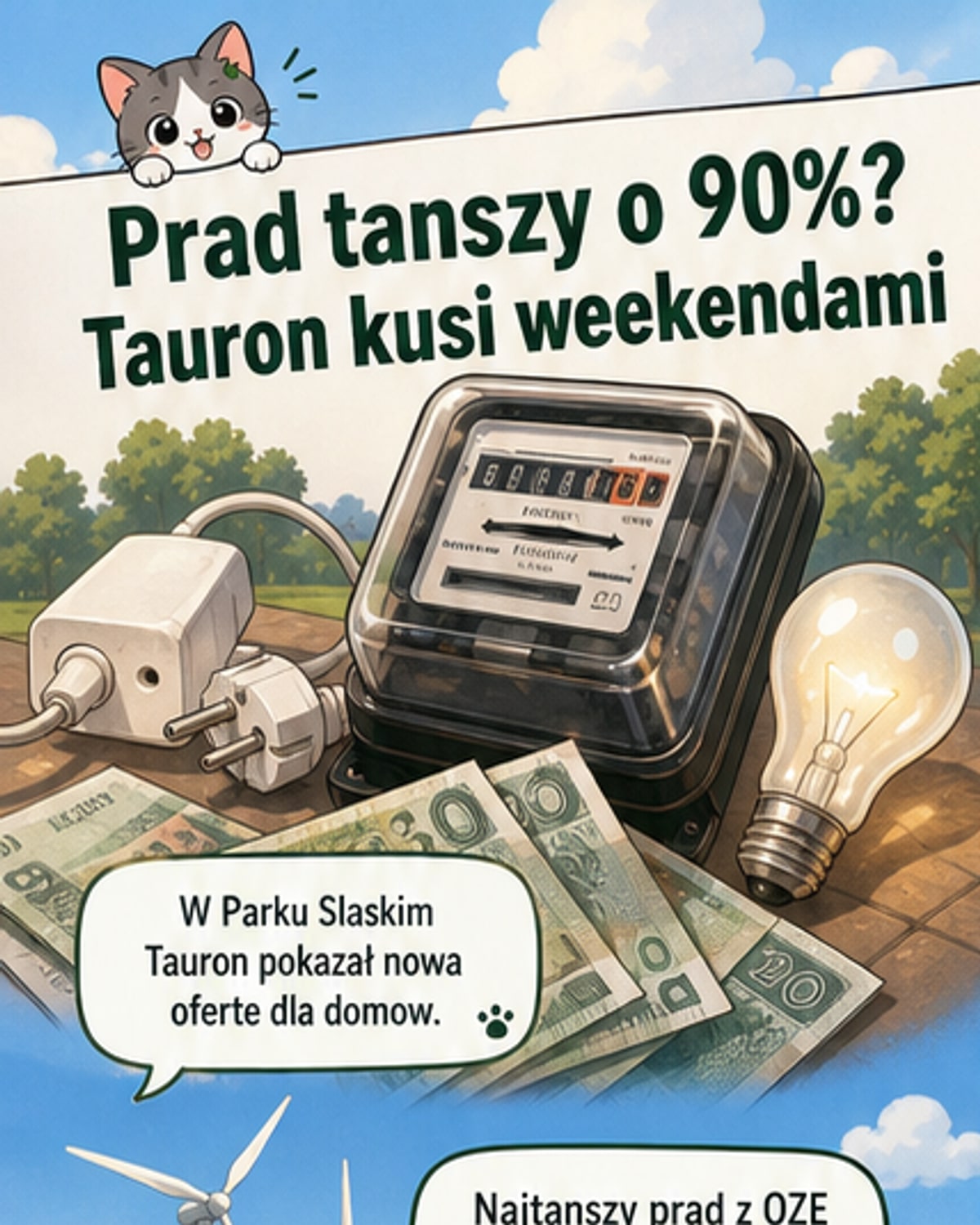 Ilustracja przedstawiająca dom z żarówką i ikoną OZE, z napisem 'Tanie weekendy' i cenami 7-31 gr/kWh