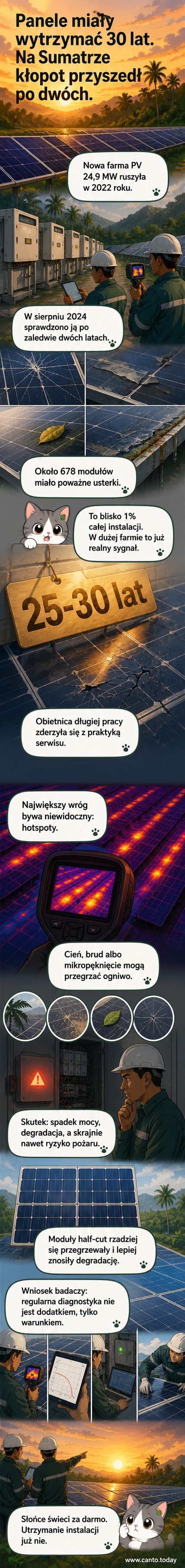 Ilustracja przedstawia farmę fotowoltaiczną na tle tropikalnego krajobrazu, z widocznymi uszkodzonymi panelami i czerwonymi hotspotami wskazanymi termowizyjnie.
