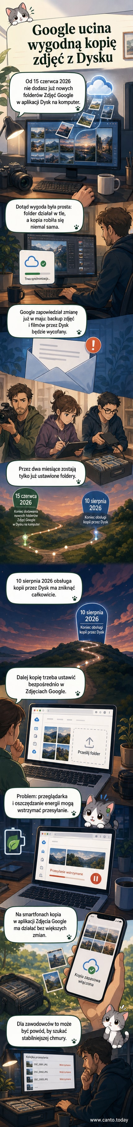Ilustracja przedstawiająca chmurę z ikoną Google, z której odpadają pliki zdjęć, podpis: zmiana w synchronizacji Zdjęć Google