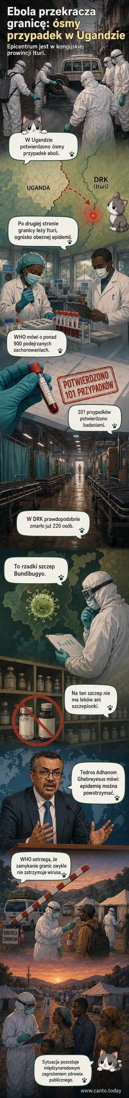Mapa Afryki z zaznaczonym ogniskiem epidemii ebola w prowincji Ituri w Demokratycznej Republice Konga i przypadkami w Ugandzie