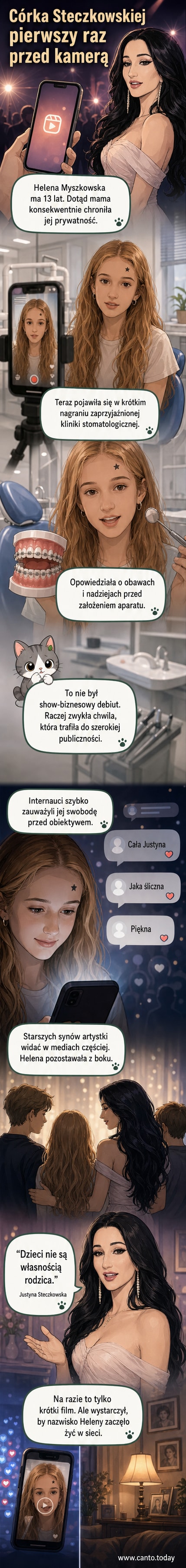 Ilustracja przedstawia 13-letnią Helenę Myszkowską w okularach, uśmiechniętą, z aparatem na zębach, w towarzystwie mamy – Justyny Steczkowskiej – na tle sceny koncertowej.