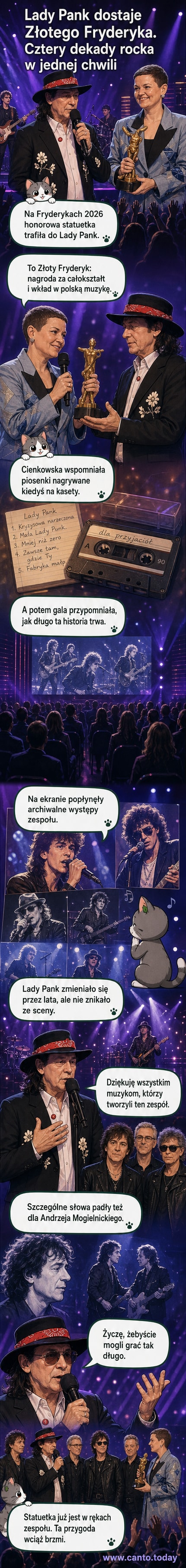 Zespół Lady Pank na scenie podczas gali Fryderyków 2026, odbierający Złotego Fryderyka od minister kultury Marty Cienkowskiej, w tle montaż archiwalnych kadrów z koncertów