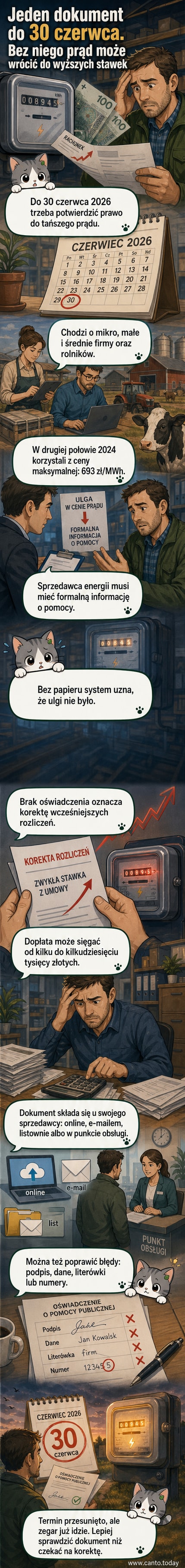 Ilustracja przedstawiająca firmę i domowników z niepewnym wyrazem twarzy, patrzących na rachunek za prąd z dużą kwotą, z tłem symboli elektryczności i papierów urzędowych.